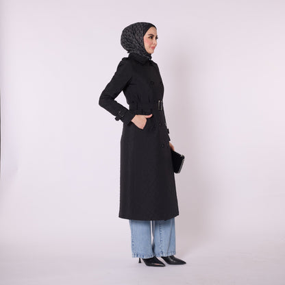 Double Breasted Quilted Long Coat With Belt Detail