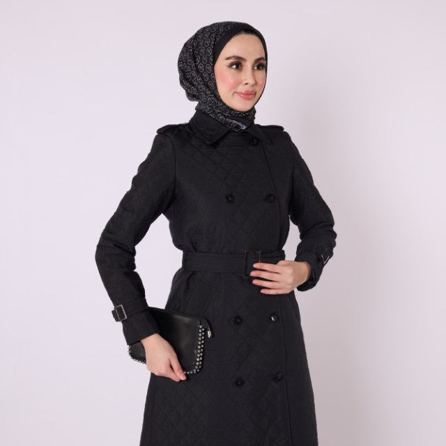 Double Breasted Quilted Long Coat With Belt Detail