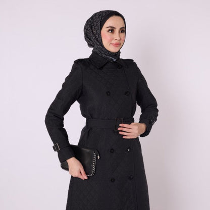 Double Breasted Quilted Long Coat With Belt Detail