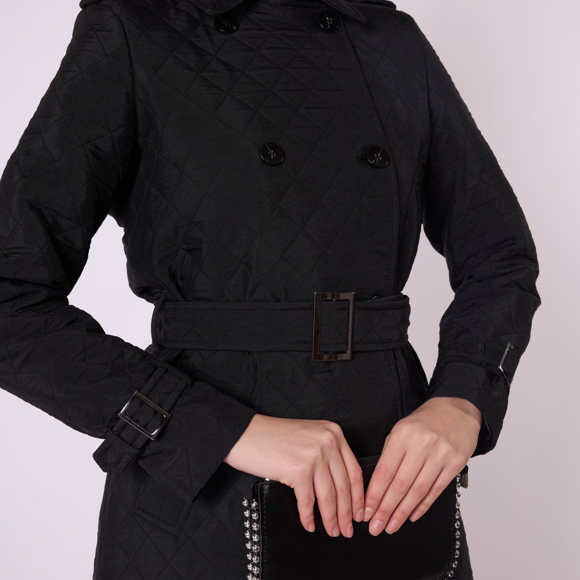 Double Breasted Quilted Long Coat With Belt Detail