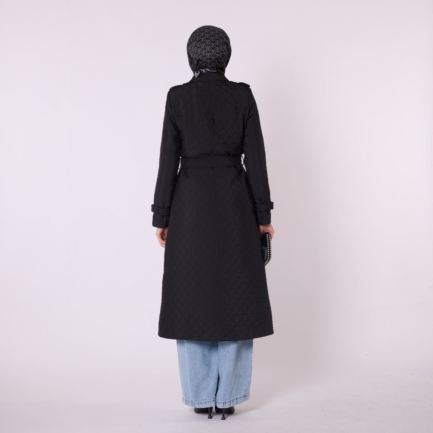 Double Breasted Quilted Long Coat With Belt Detail