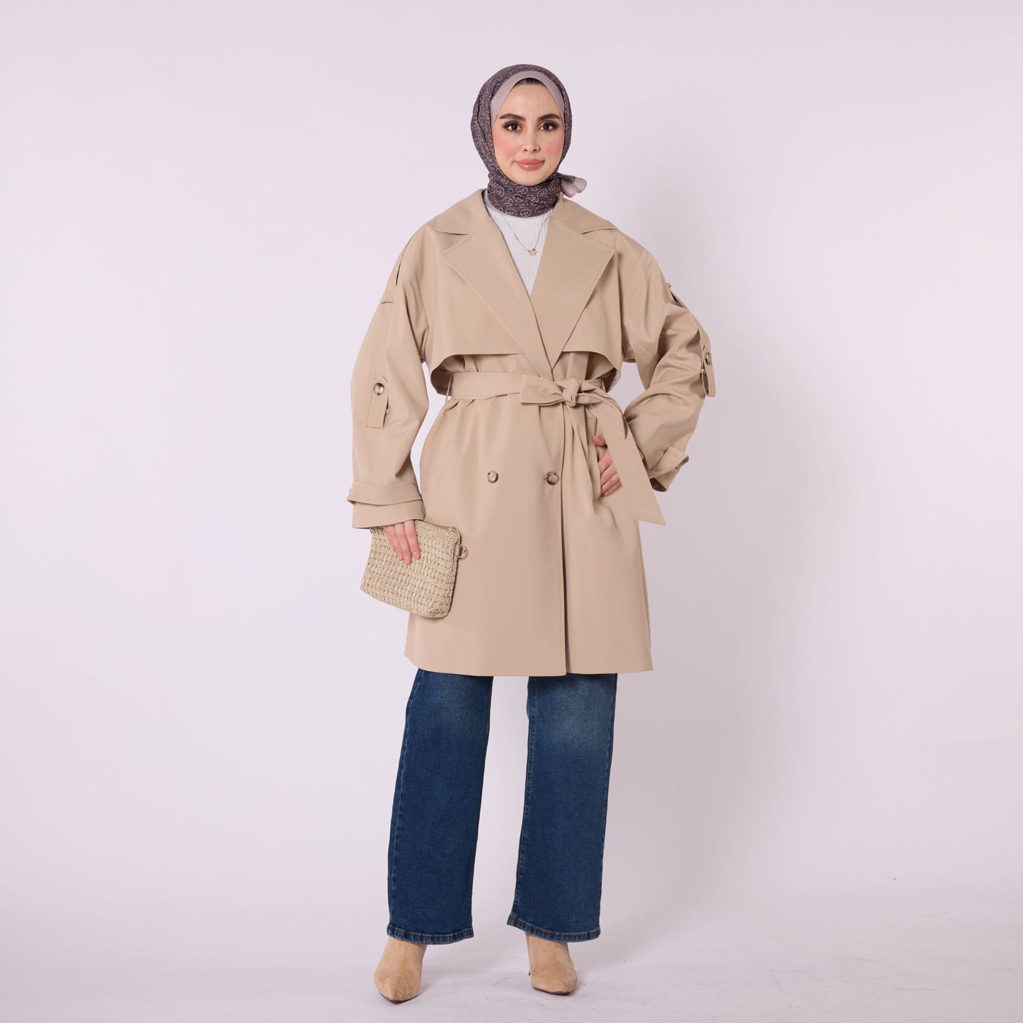 Drop Shoulder Double Breasted Belted Lined Trench Coat