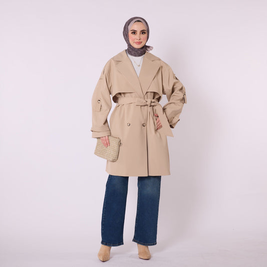 Drop Shoulder Double Breasted Belted Lined Trench Coat