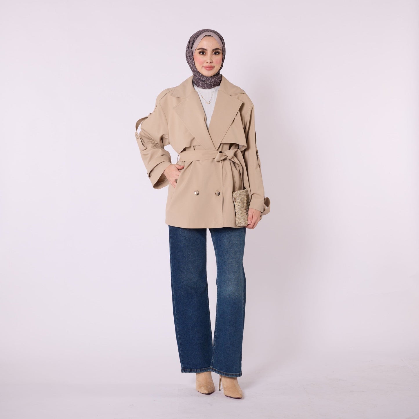 Short Lined Double Breasted Belted Trench Coat