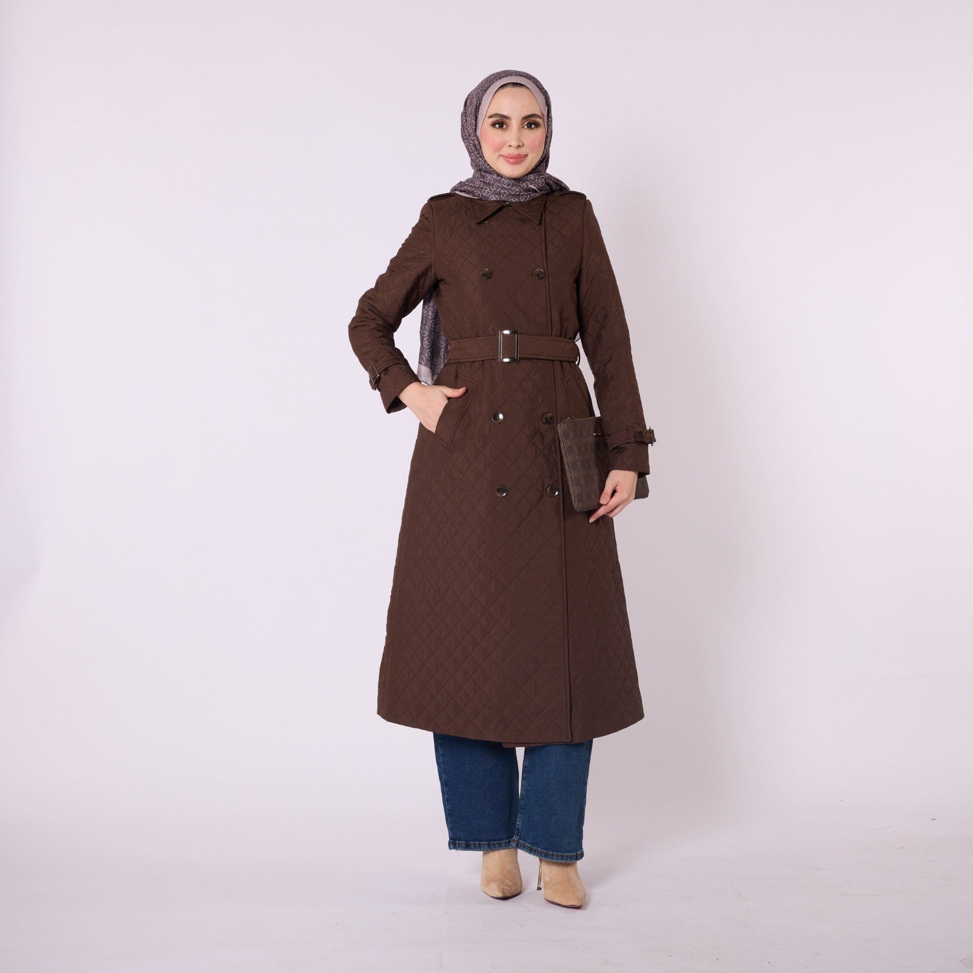 Double Breasted Quilted Long Coat With Belt Detail