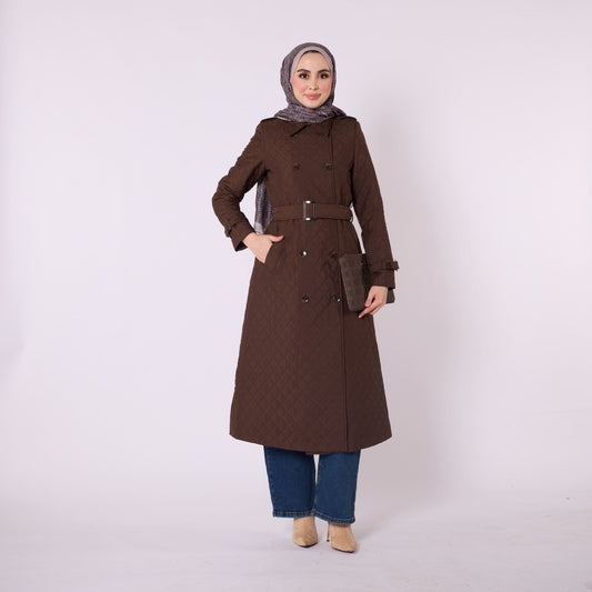 Double Breasted Quilted Long Coat With Belt Detail