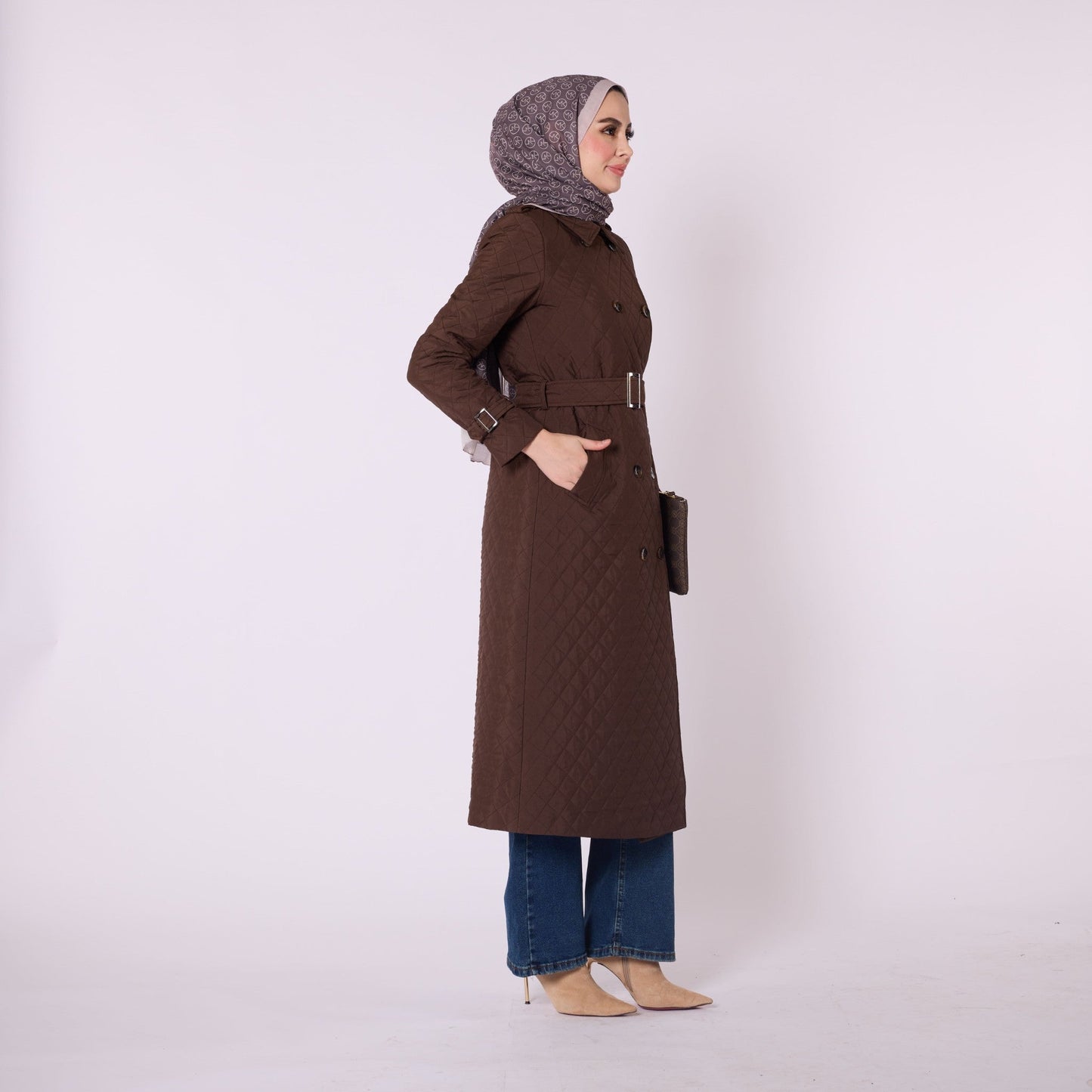Double Breasted Quilted Long Coat With Belt Detail