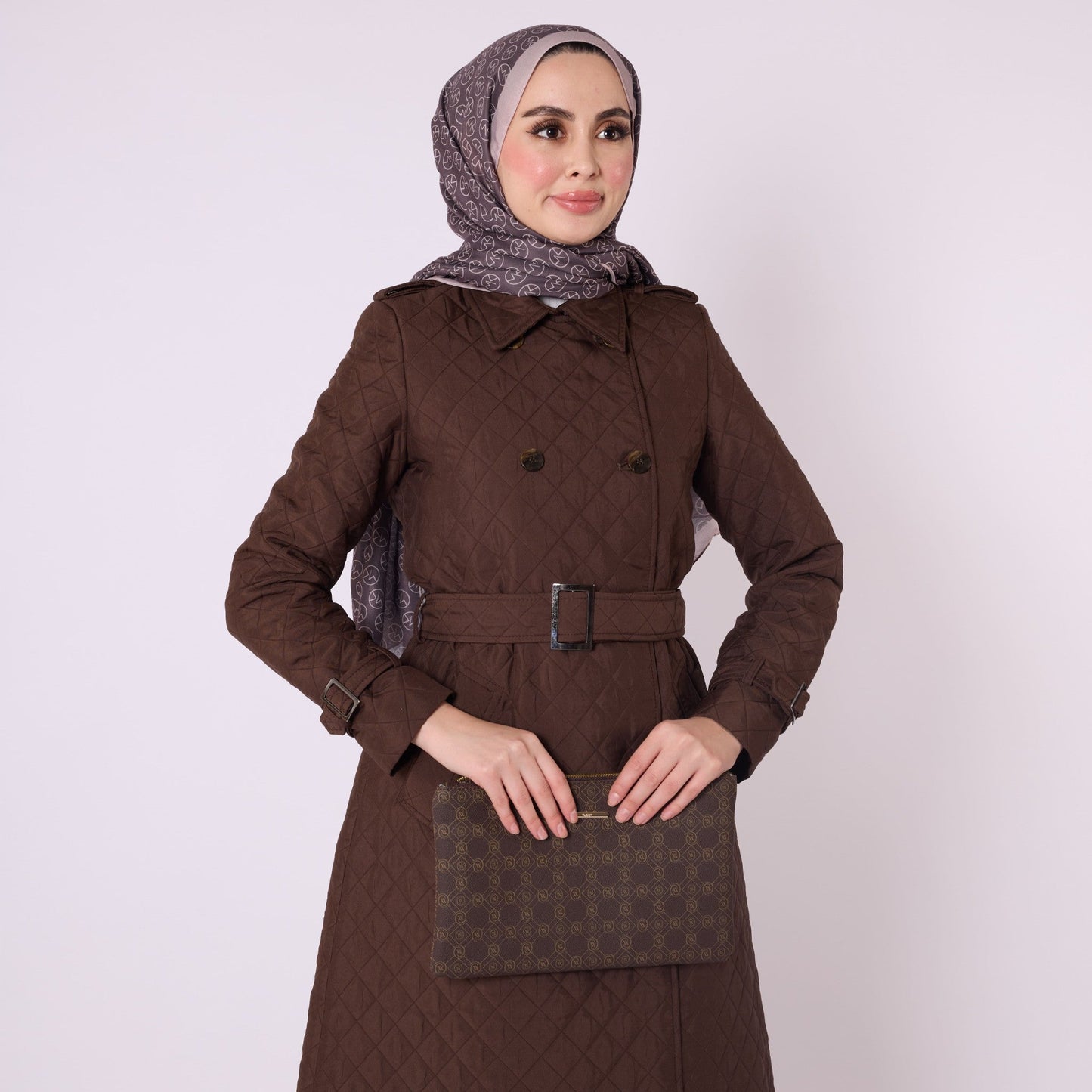 Double Breasted Quilted Long Coat With Belt Detail