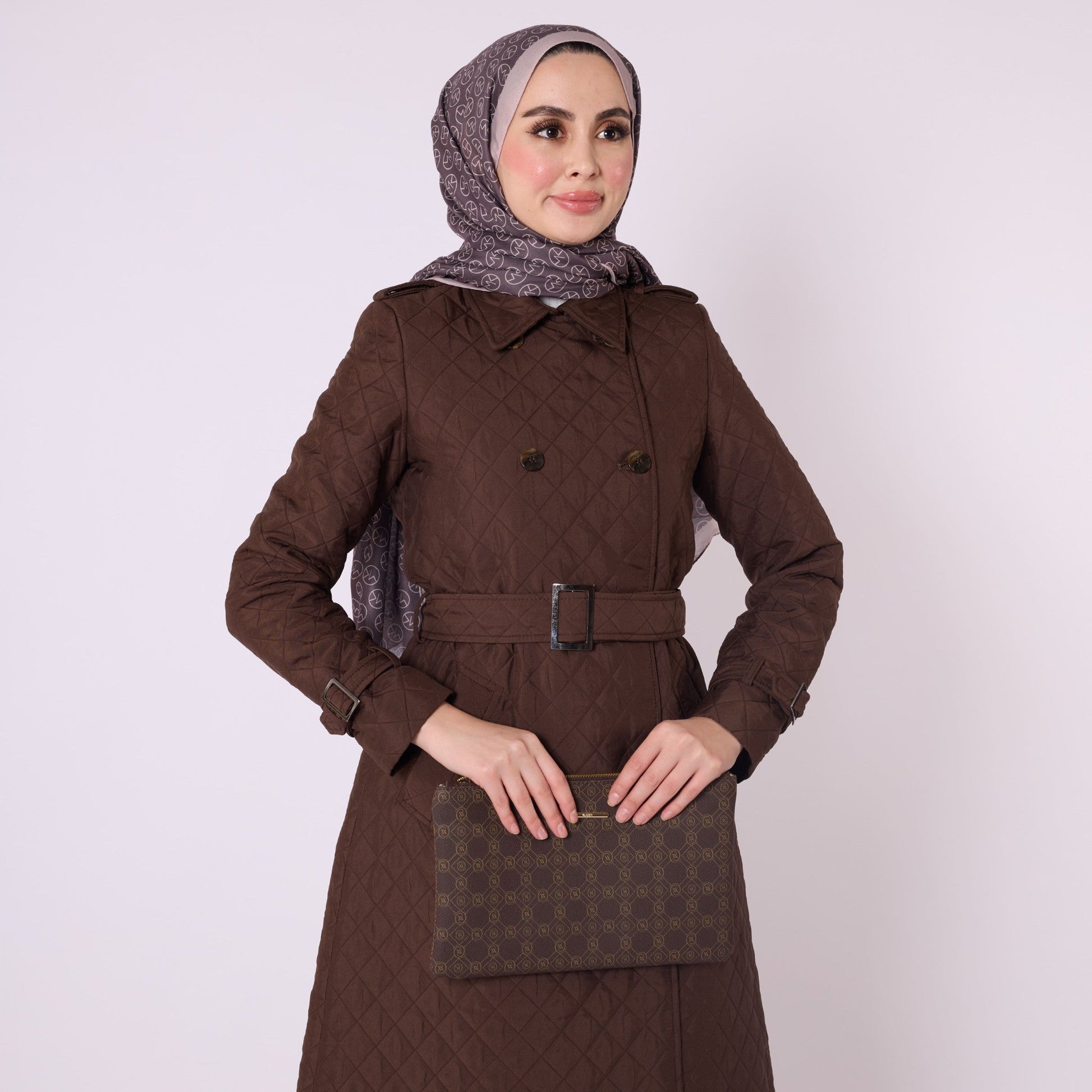 Double Breasted Quilted Long Coat With Belt Detail