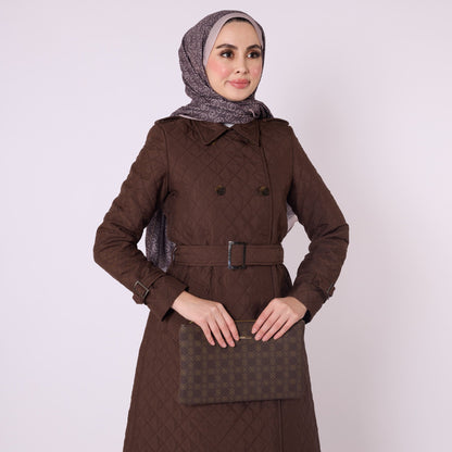 Double Breasted Quilted Long Coat With Belt Detail