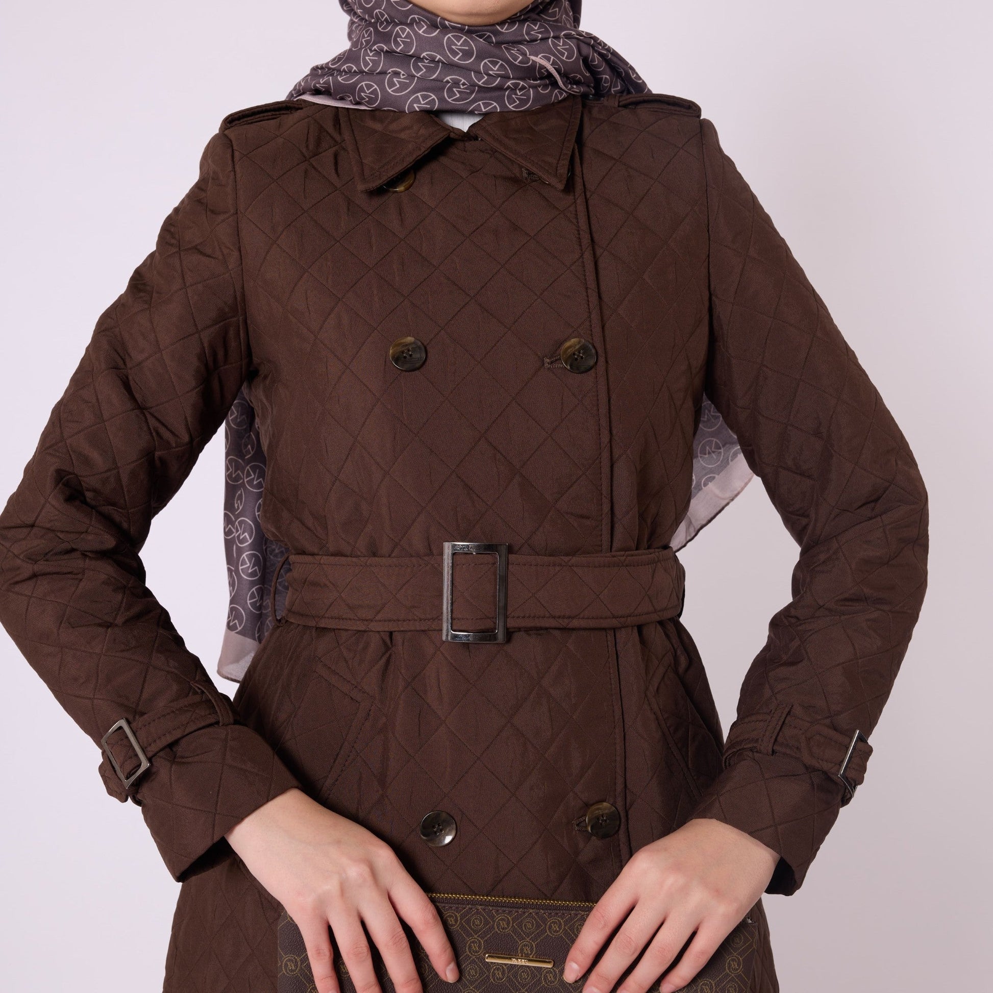 Double Breasted Quilted Long Coat With Belt Detail
