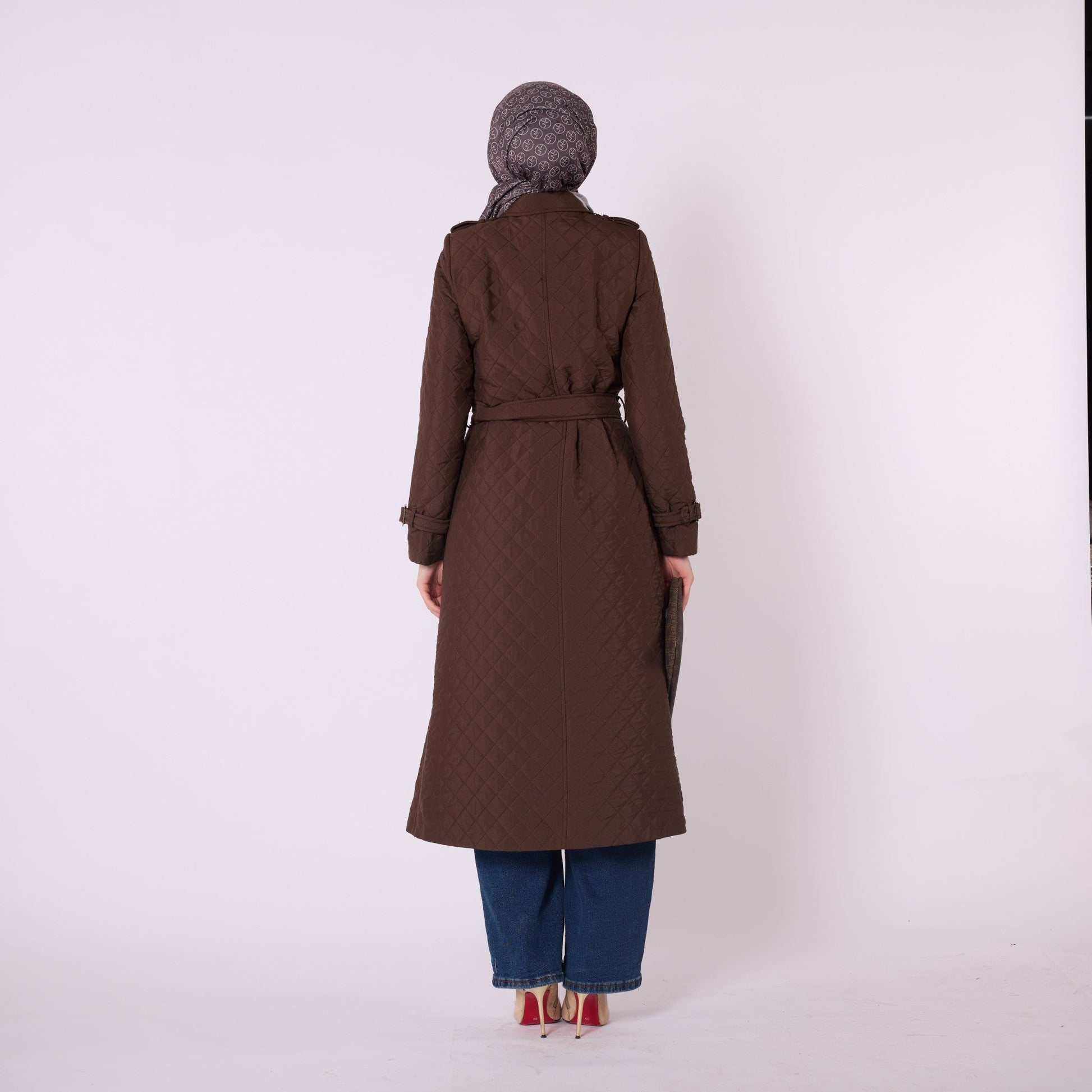 Double Breasted Quilted Long Coat With Belt Detail