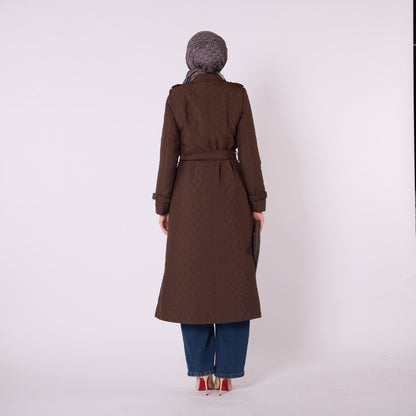 Double Breasted Quilted Long Coat With Belt Detail