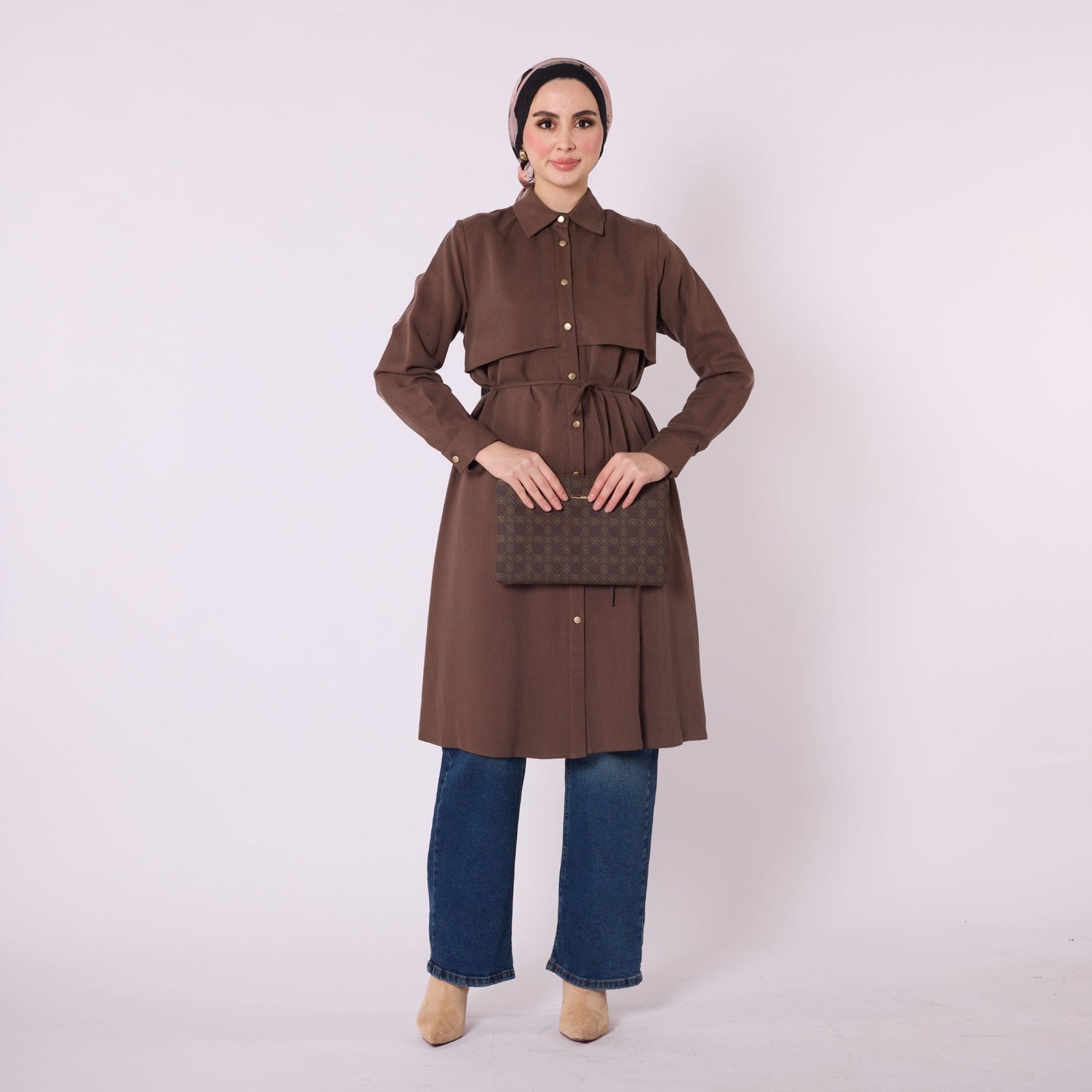 Polo Collar Tunic With Waist Tie And Cape Detail
