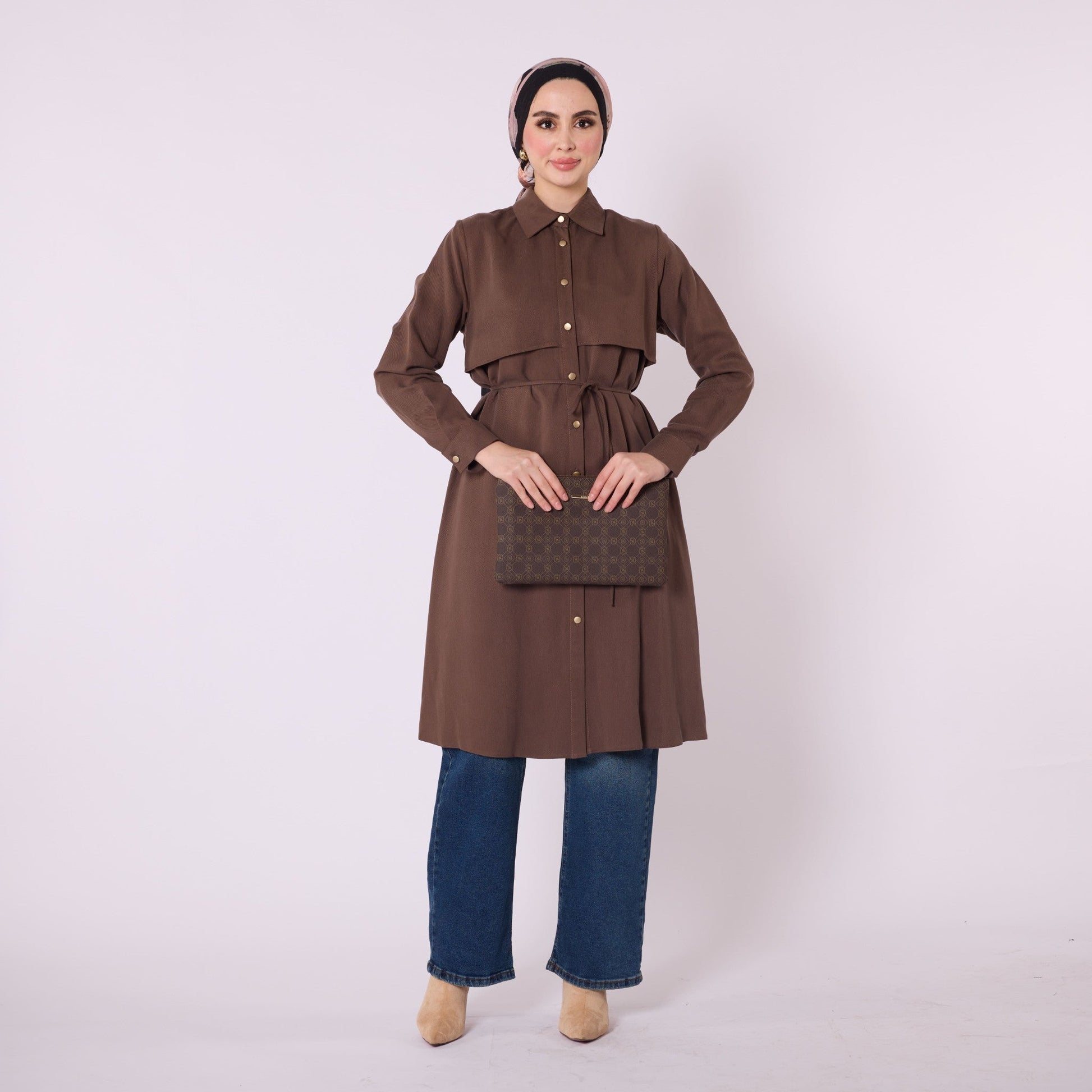 Polo Collar Tunic With Waist Tie And Cape Detail