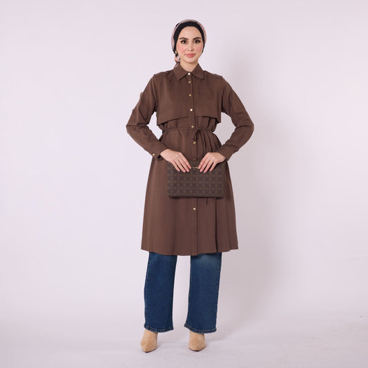 Polo Collar Tunic With Waist Tie And Cape Detail