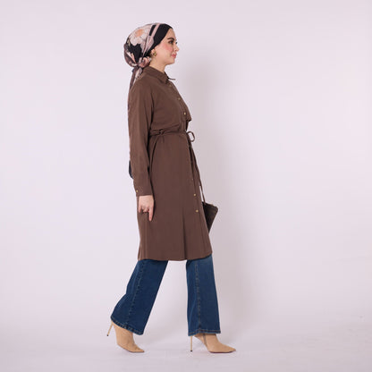 Polo Collar Tunic With Waist Tie And Cape Detail