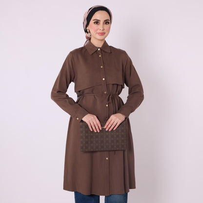 Polo Collar Tunic With Waist Tie And Cape Detail