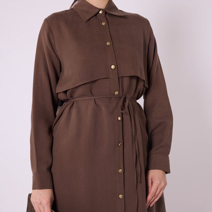 Polo Collar Tunic With Waist Tie And Cape Detail