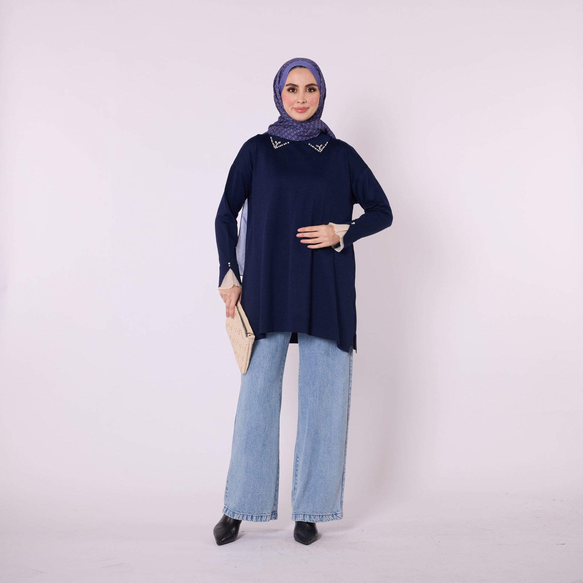 Polo Collar Knit Tunic With Stone Embellishment