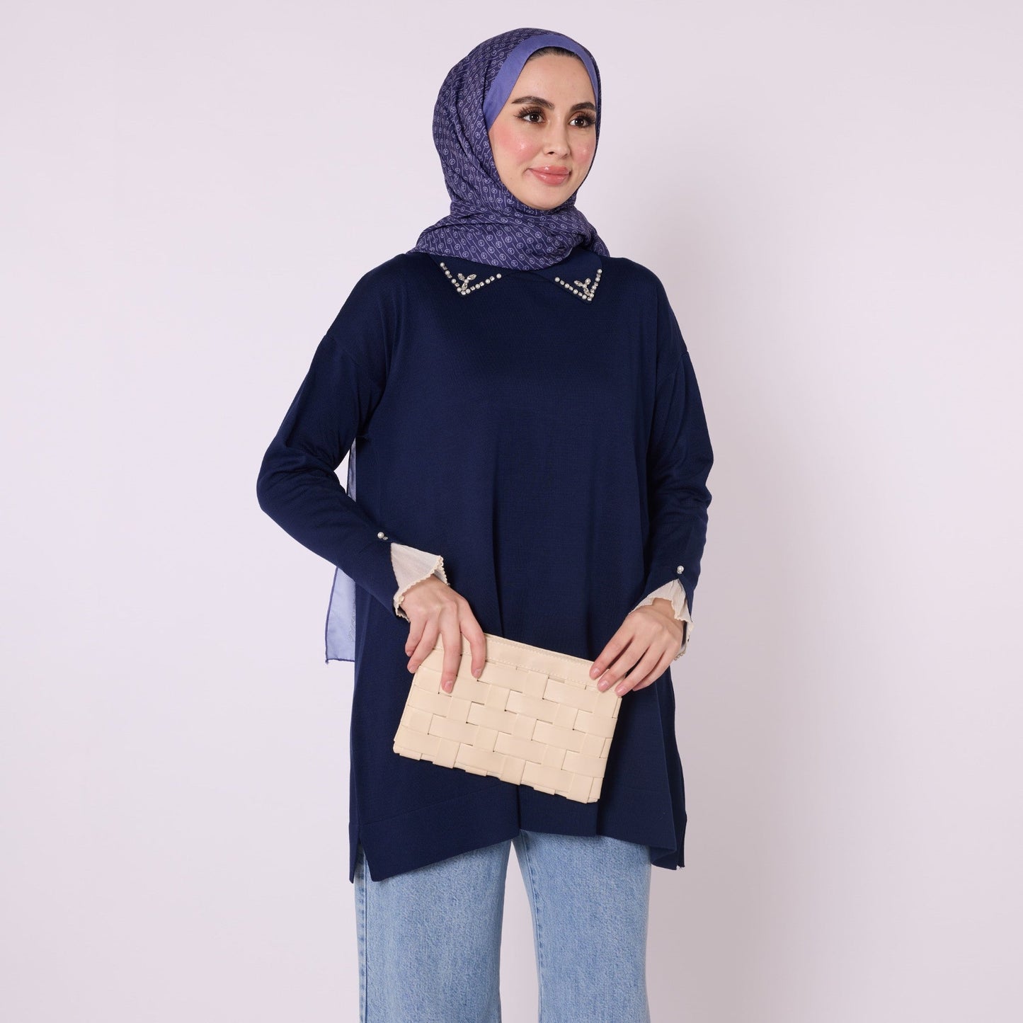 Polo Collar Knit Tunic With Stone Embellishment