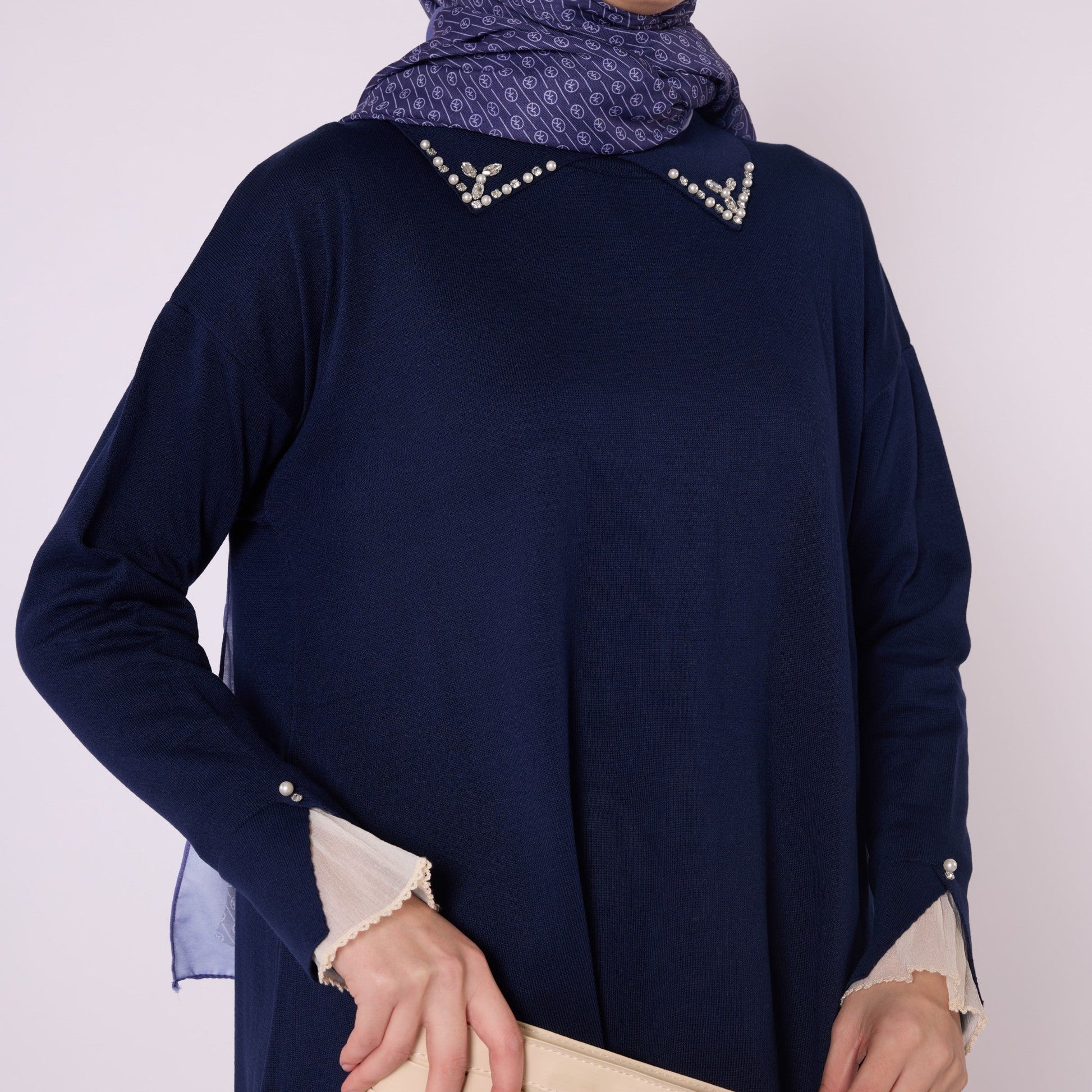 Polo Collar Knit Tunic With Stone Embellishment
