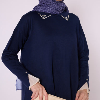 Polo Collar Knit Tunic With Stone Embellishment