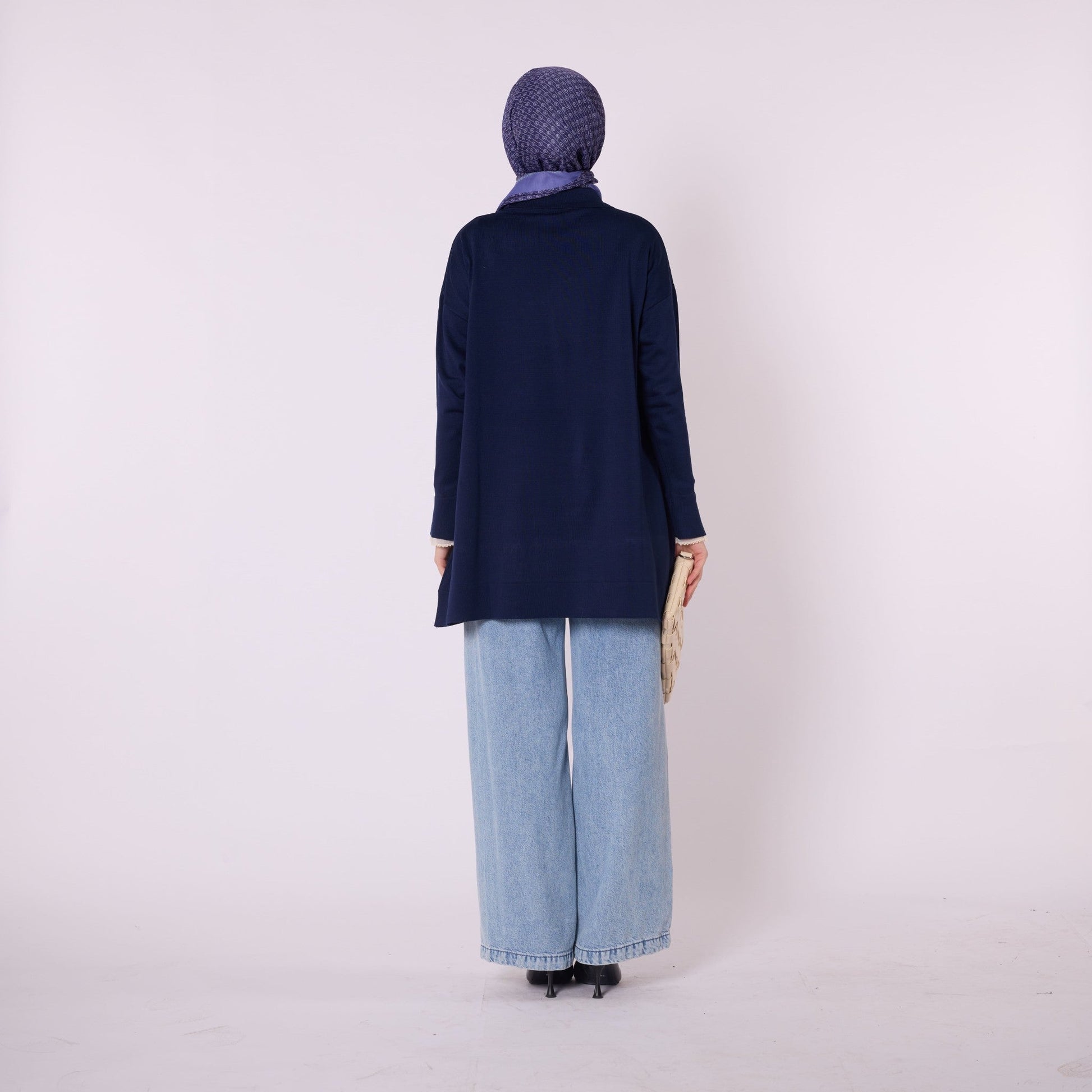 Polo Collar Knit Tunic With Stone Embellishment