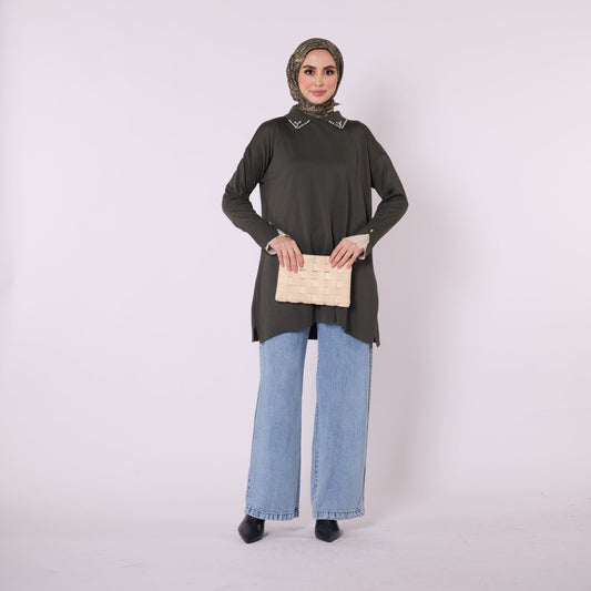 Polo Collar Knit Tunic With Stone Embellishment