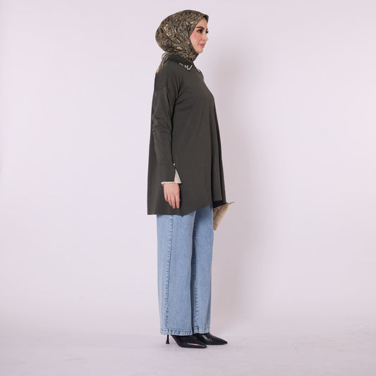 Polo Collar Knit Tunic With Stone Embellishment