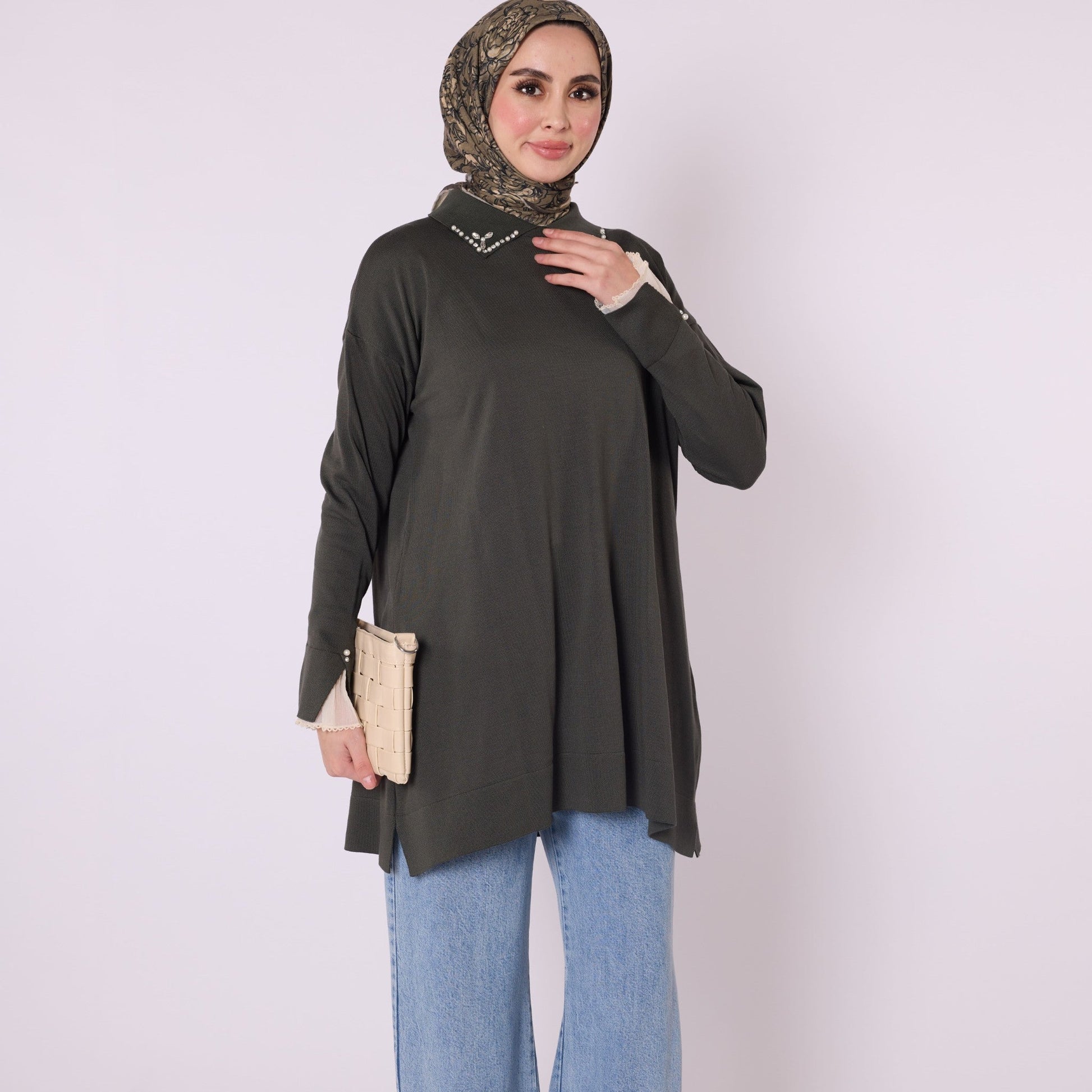 Polo Collar Knit Tunic With Stone Embellishment