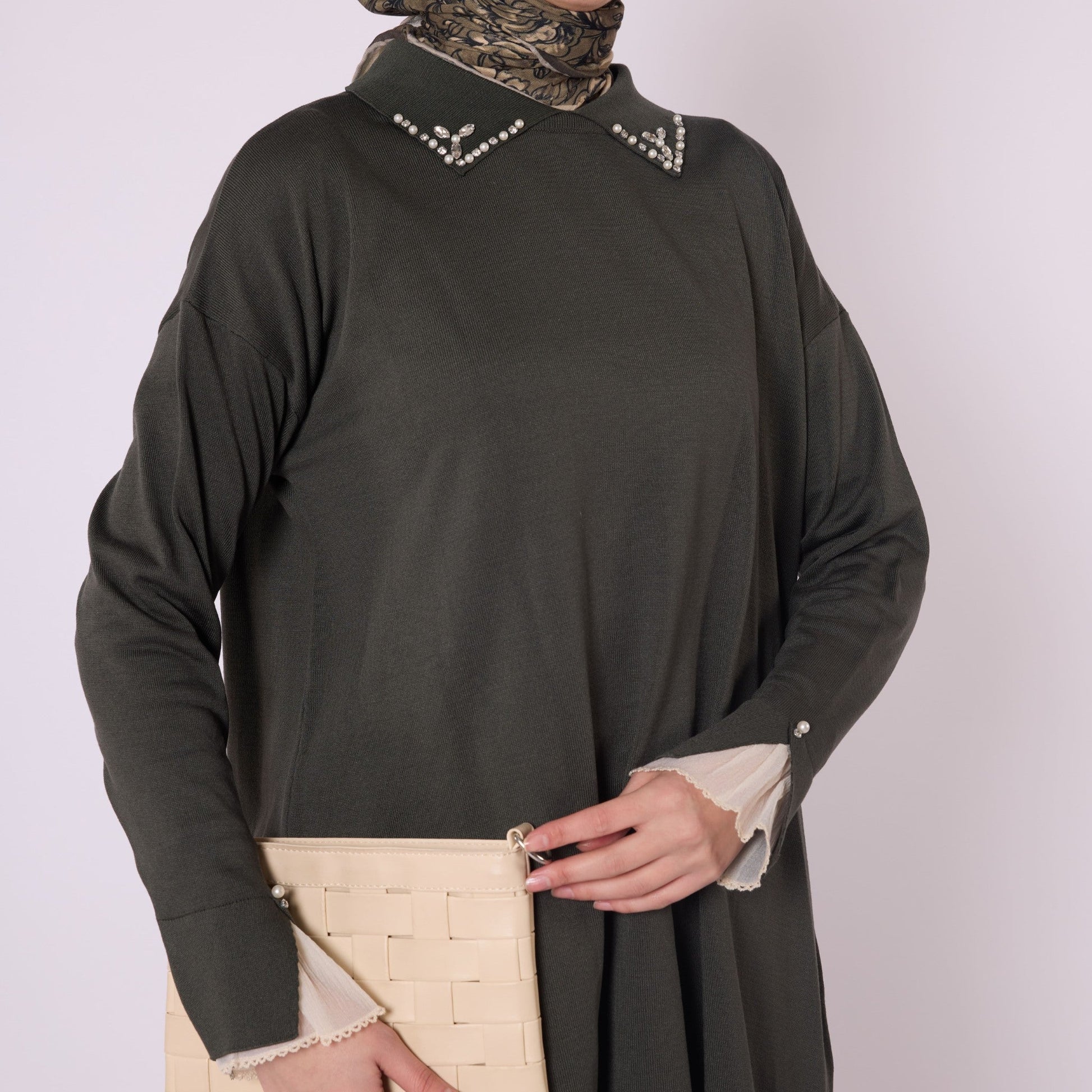 Polo Collar Knit Tunic With Stone Embellishment