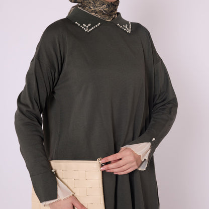 Polo Collar Knit Tunic With Stone Embellishment