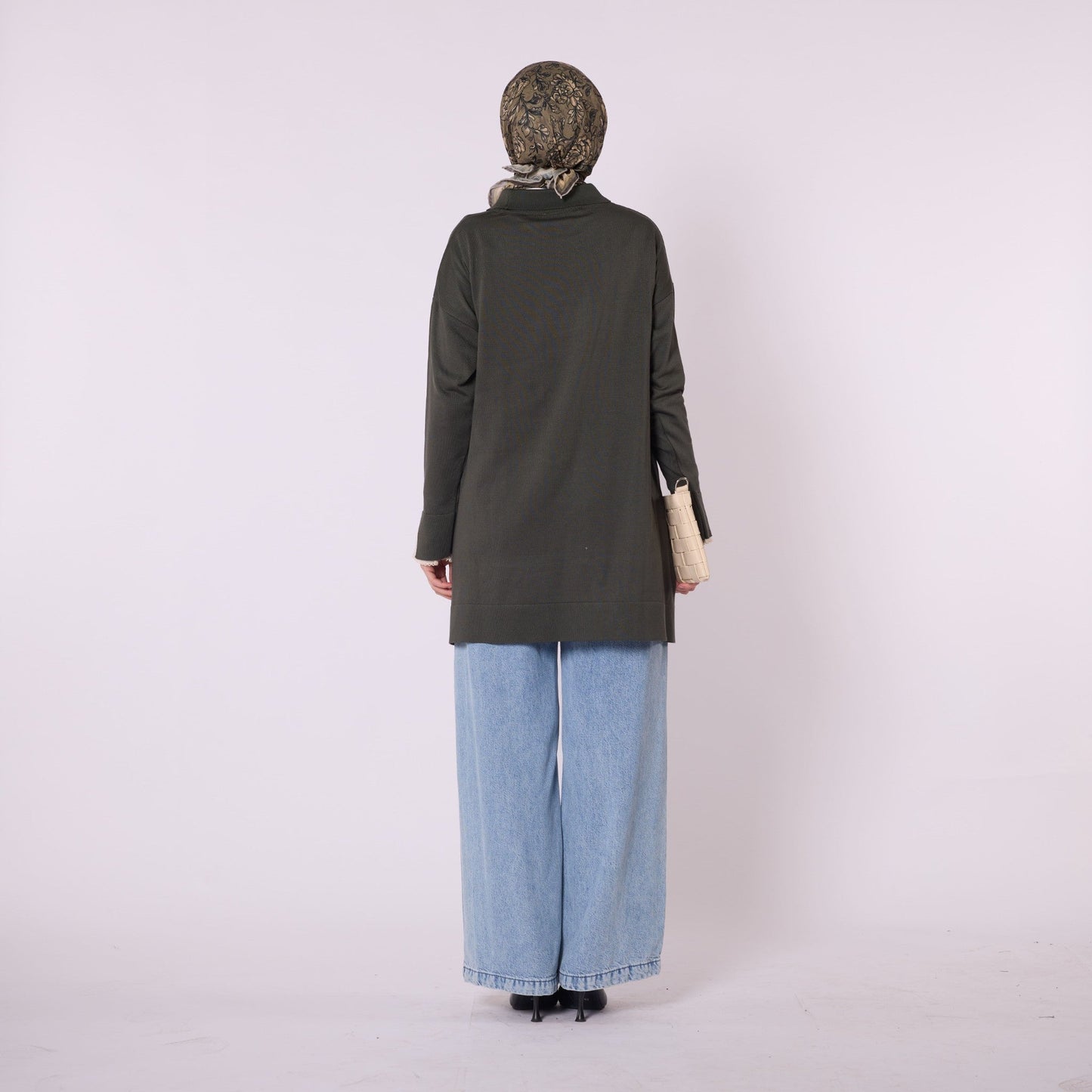 Polo Collar Knit Tunic With Stone Embellishment