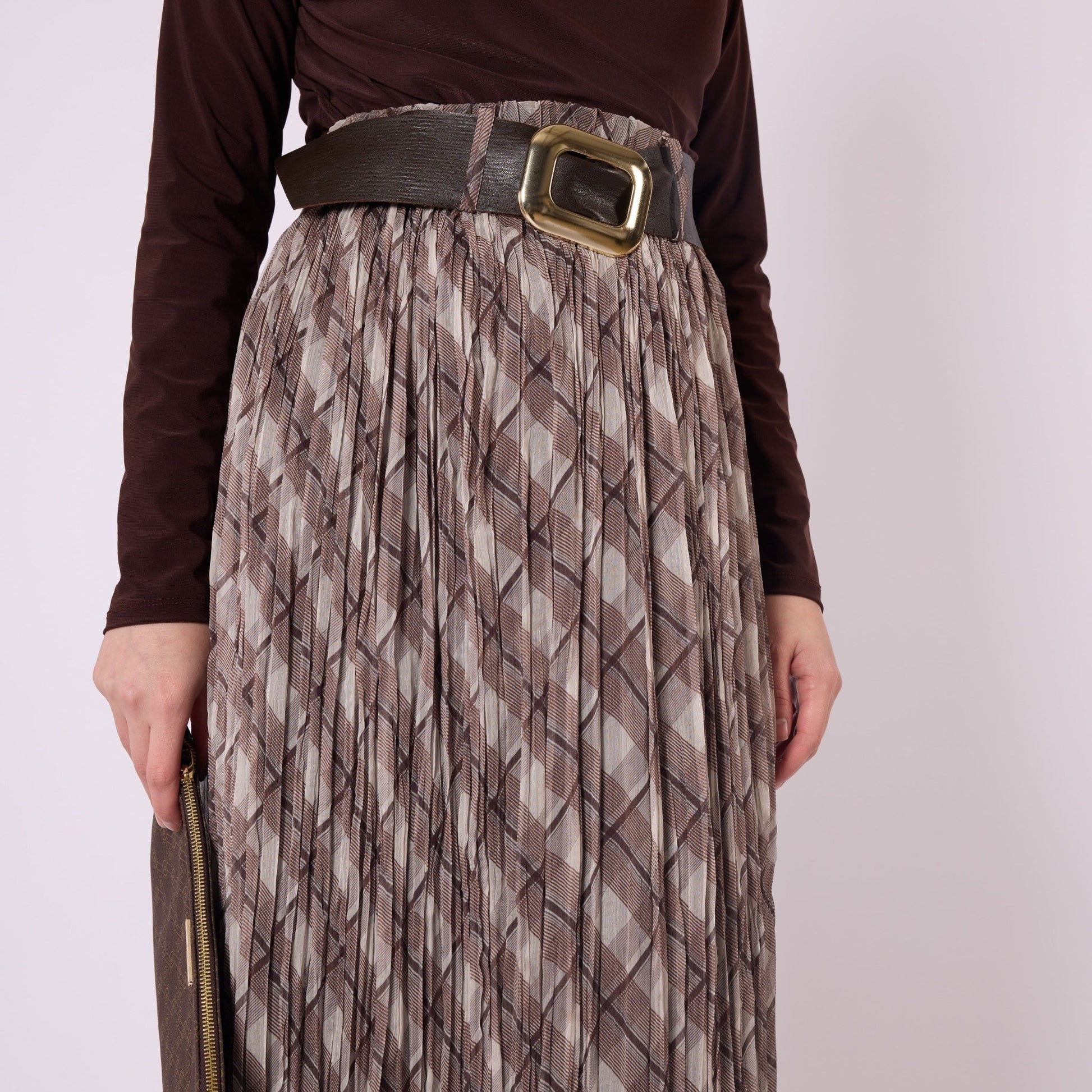 Plaid Skirt With Belt Detail And Lining