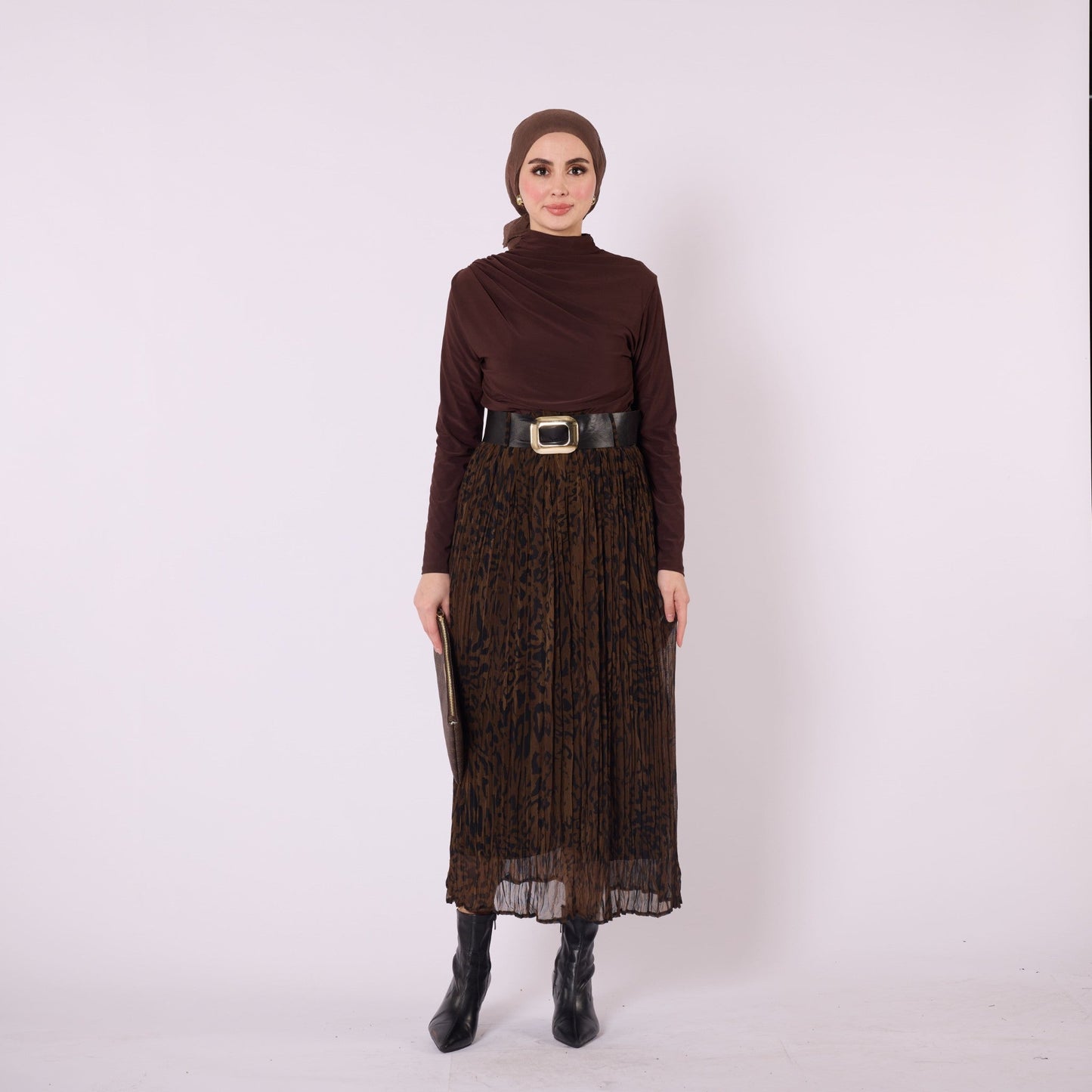 Leopard Print Chiffon Long Skirt With Belt Accessory