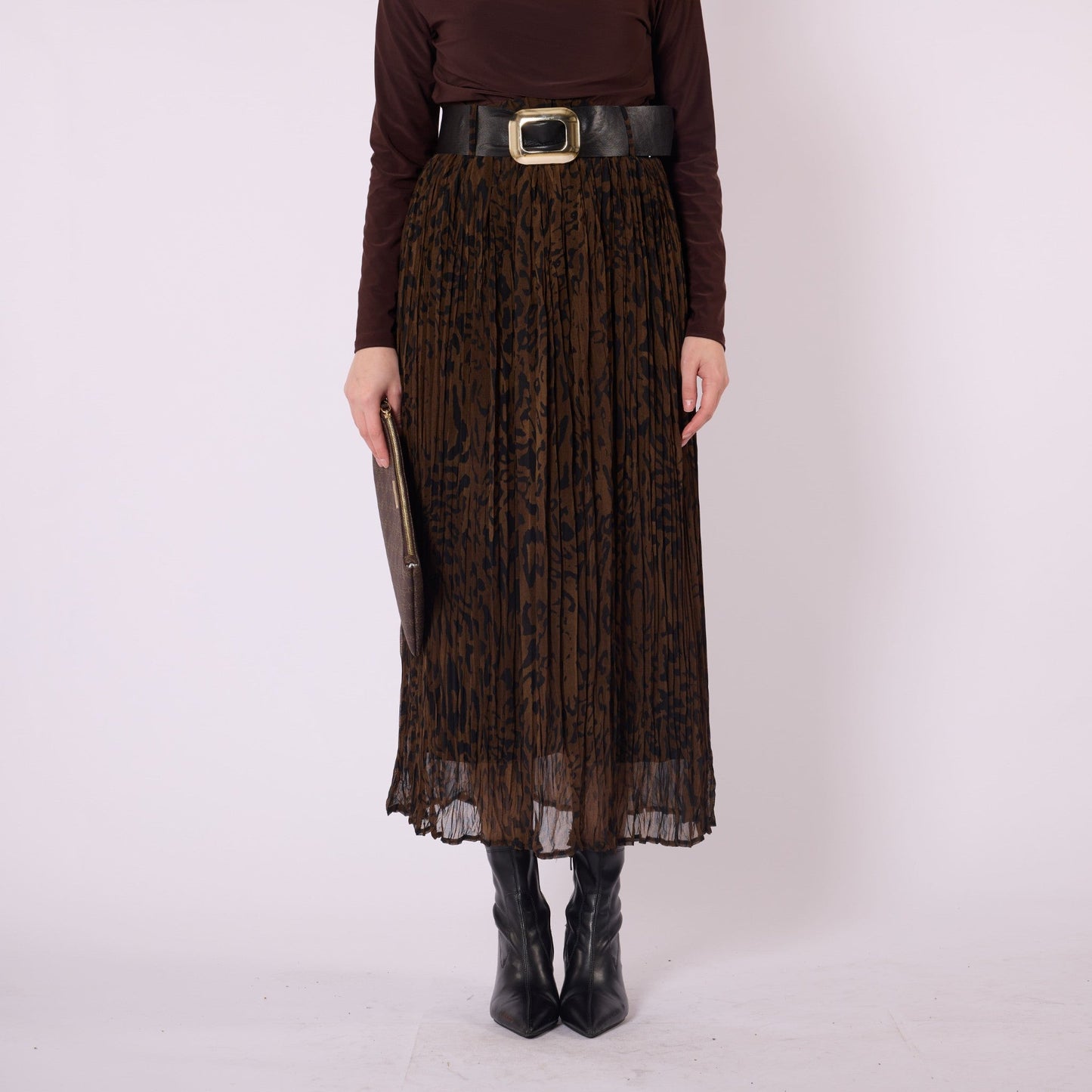 Leopard Print Chiffon Long Skirt With Belt Accessory