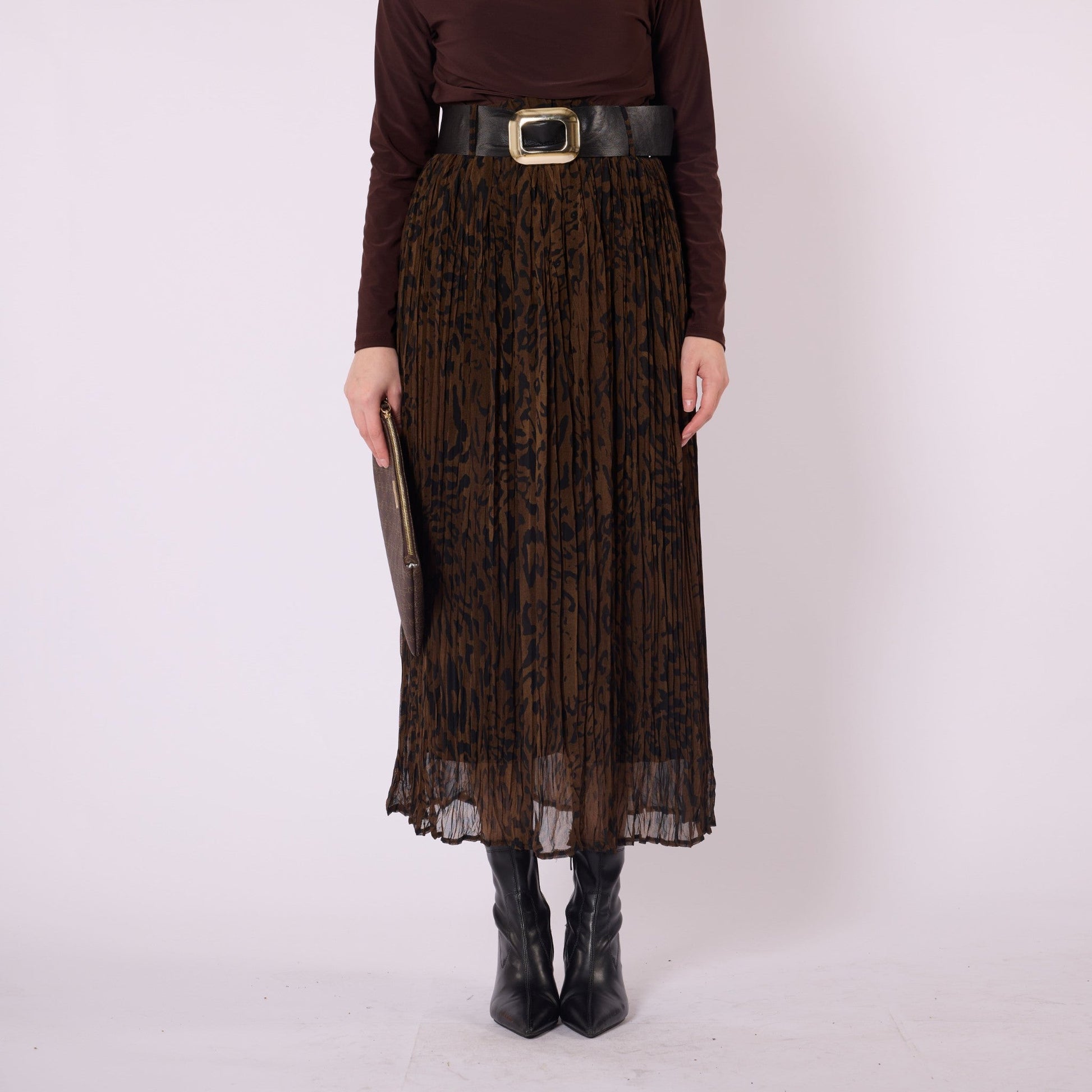 Leopard Print Chiffon Long Skirt With Belt Accessory
