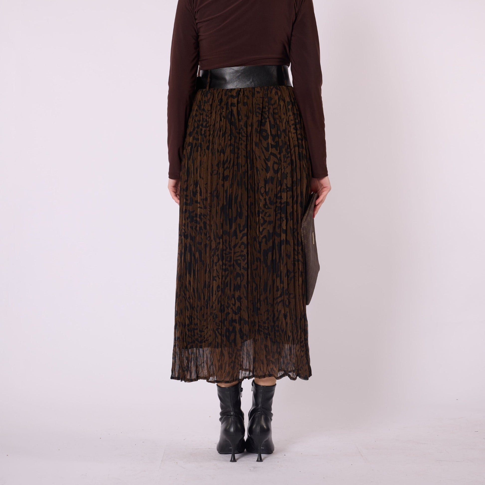 Leopard Print Chiffon Long Skirt With Belt Accessory