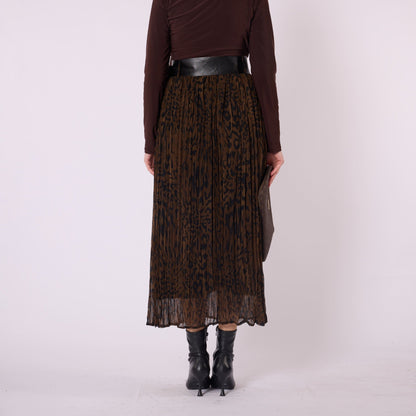 Leopard Print Chiffon Long Skirt With Belt Accessory