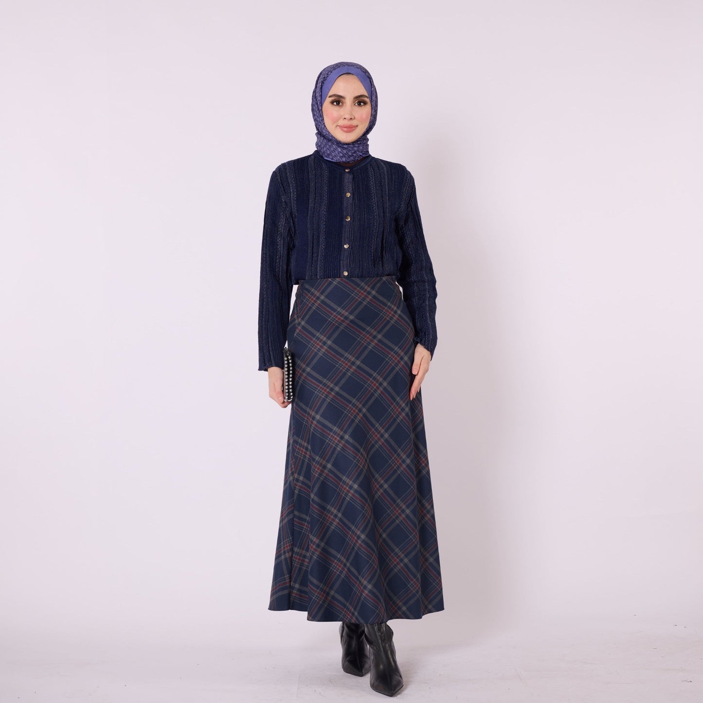 Elastic Waist Checked Long Skirt