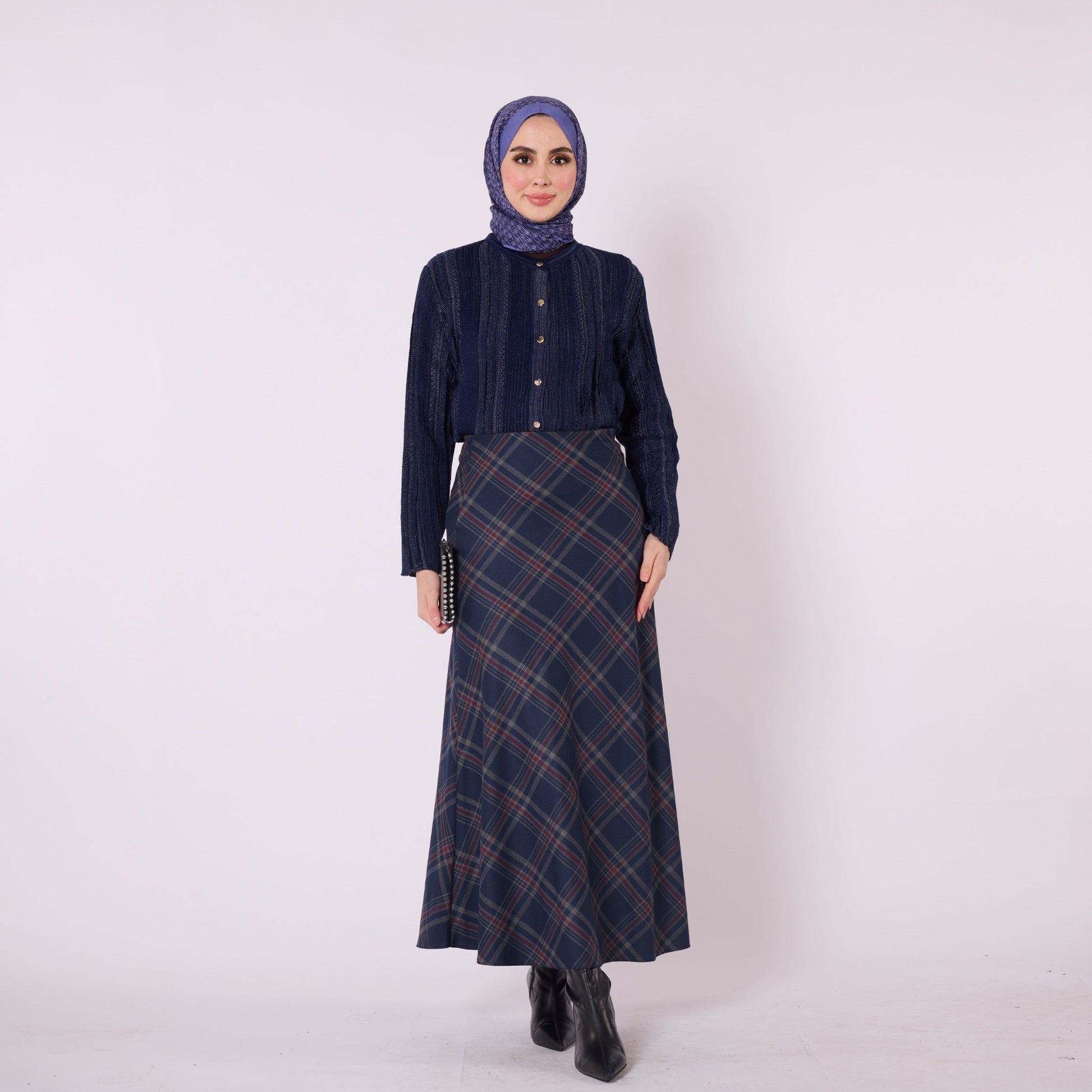 Elastic Waist Checked Long Skirt