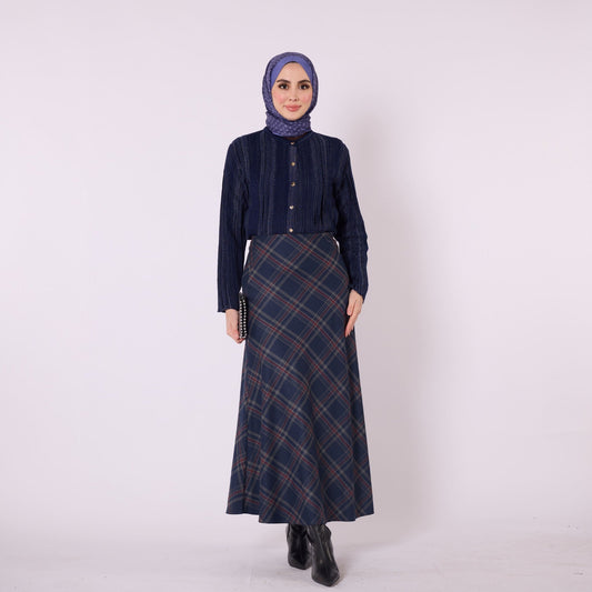 Elastic Waist Checked Long Skirt