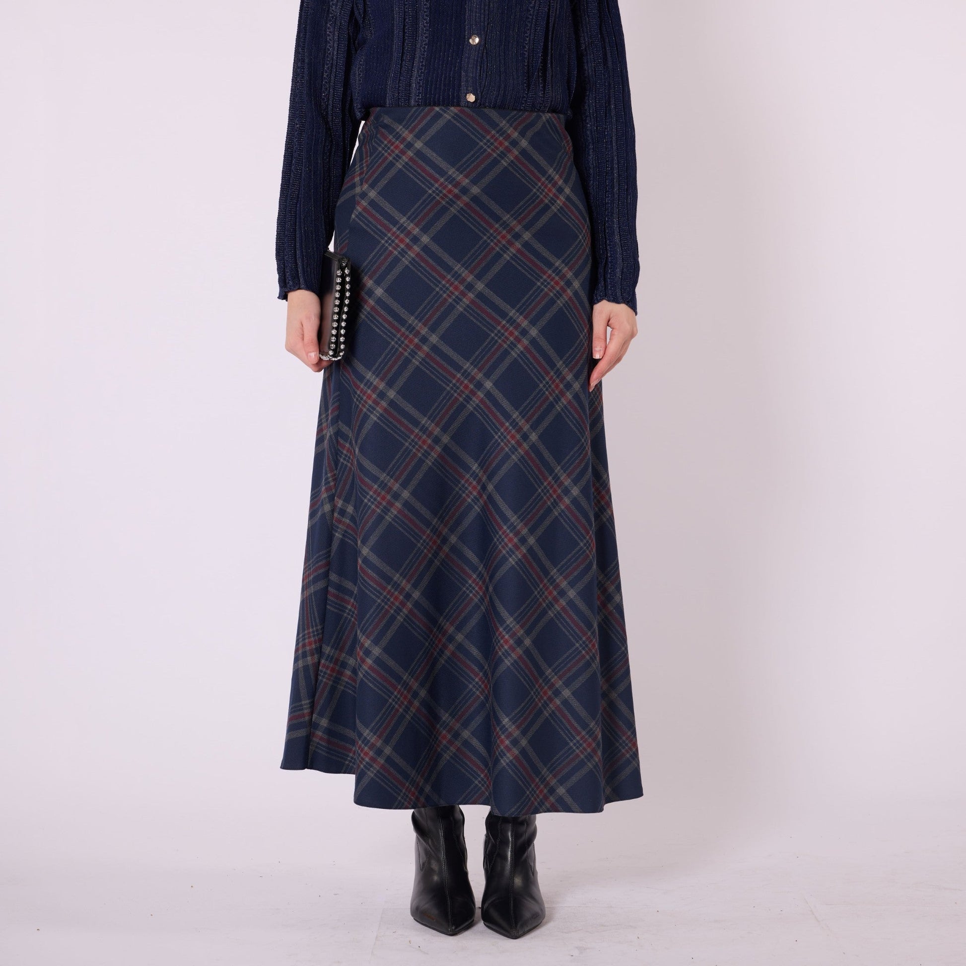 Elastic Waist Checked Long Skirt