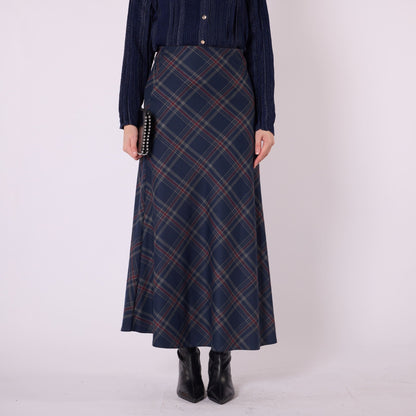 Elastic Waist Checked Long Skirt