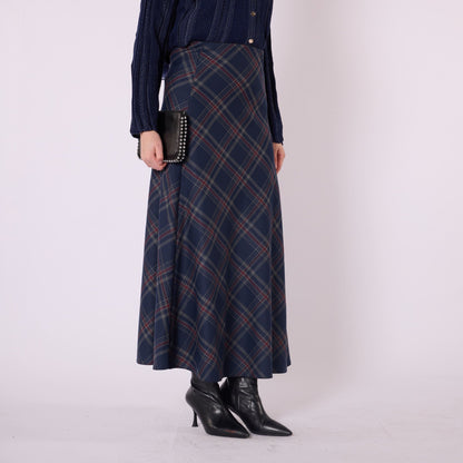 Elastic Waist Checked Long Skirt