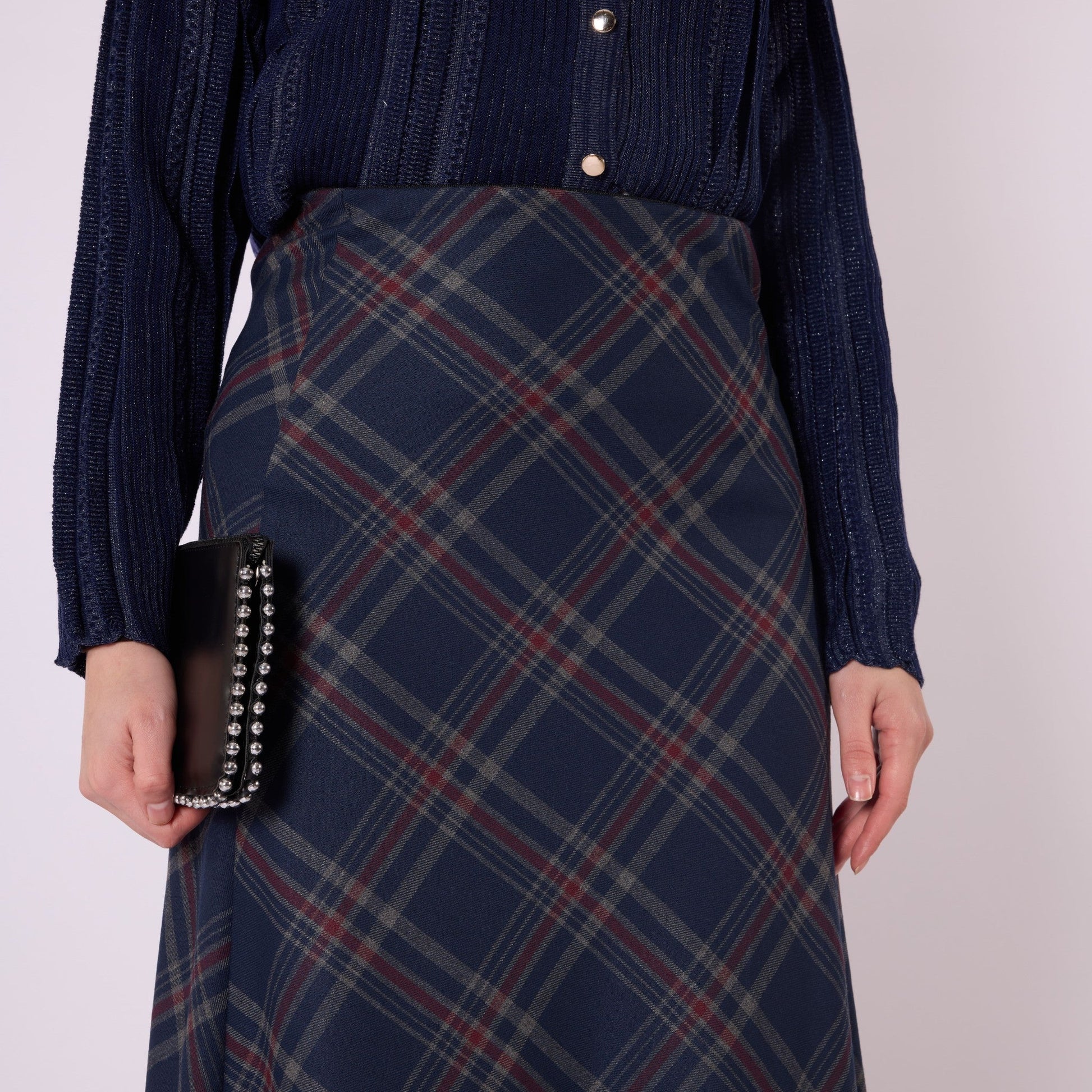 Elastic Waist Checked Long Skirt
