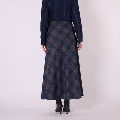 Elastic Waist Checked Long Skirt