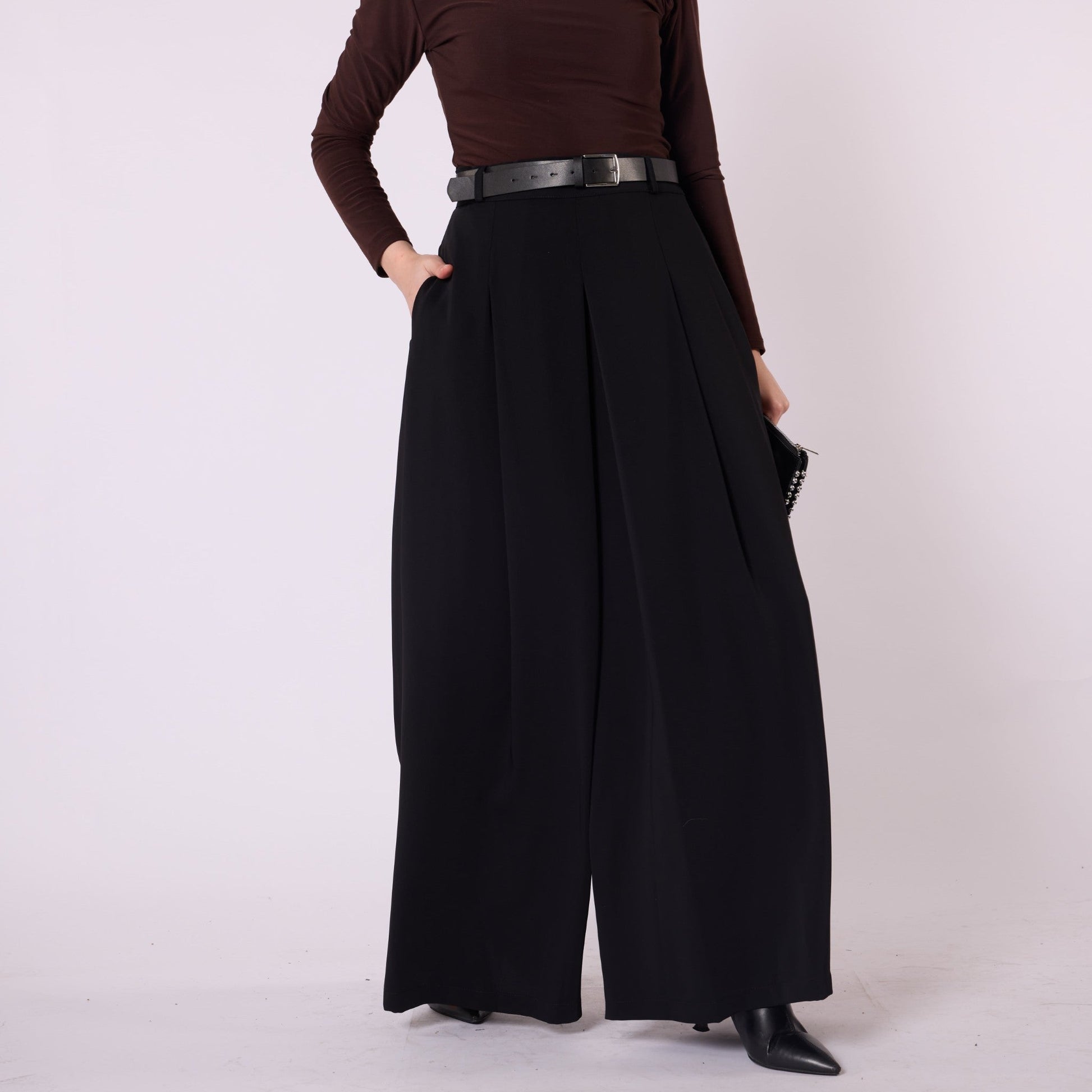 Pleated Belted Palazzo Wide Leg Trousers