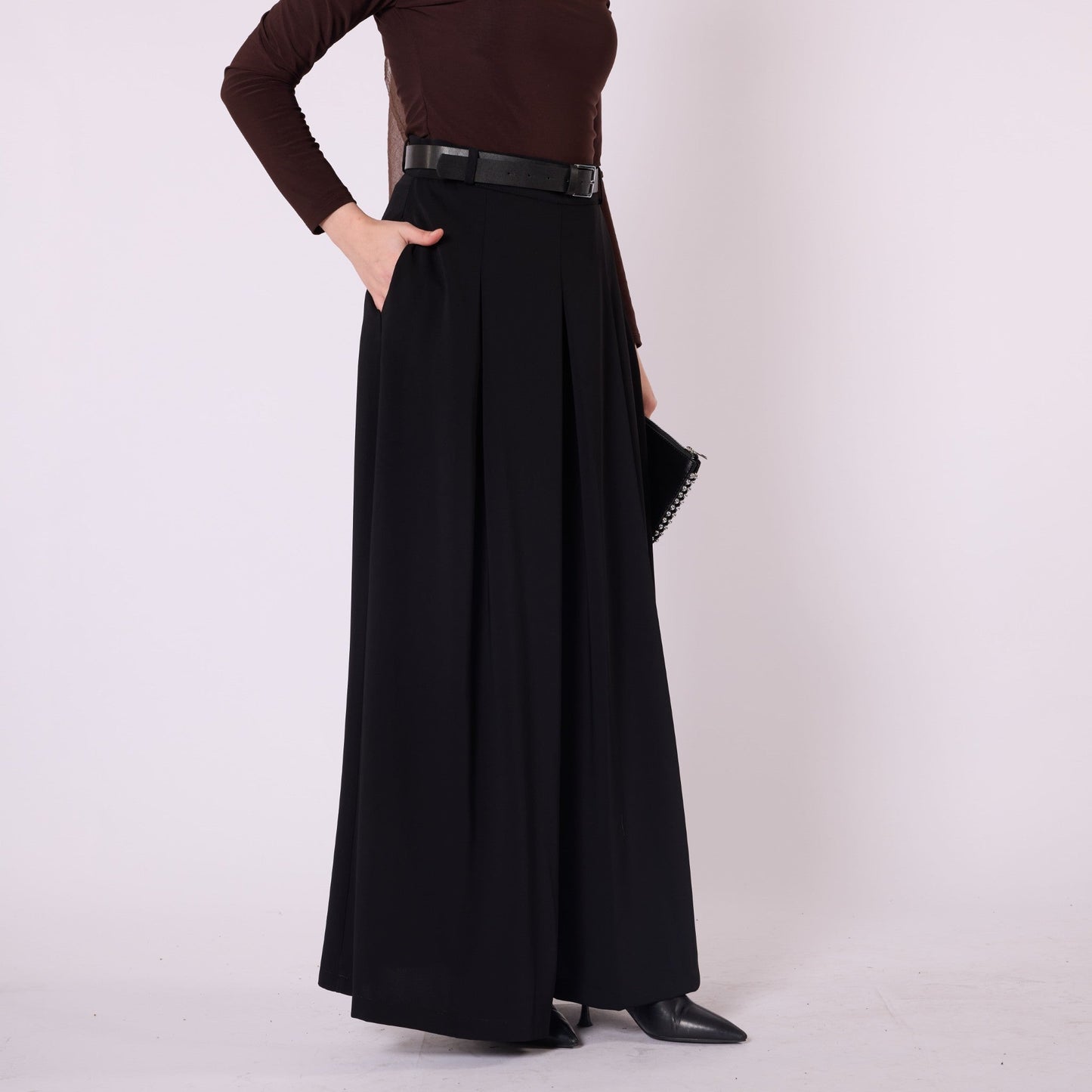 Pleated Belted Palazzo Wide Leg Trousers